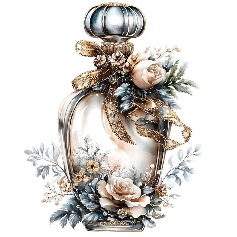 May include: A vintage-style glass perfume bottle with a gold and blue stopper, adorned with a gold ribbon and delicate white and blue flowers.