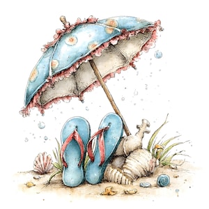 May include: A watercolour illustration of a beach scene featuring a blue and pink parasol, blue flip-flops with red straps, seashells, and sand. The parasol is open, providing shade over the beach items.