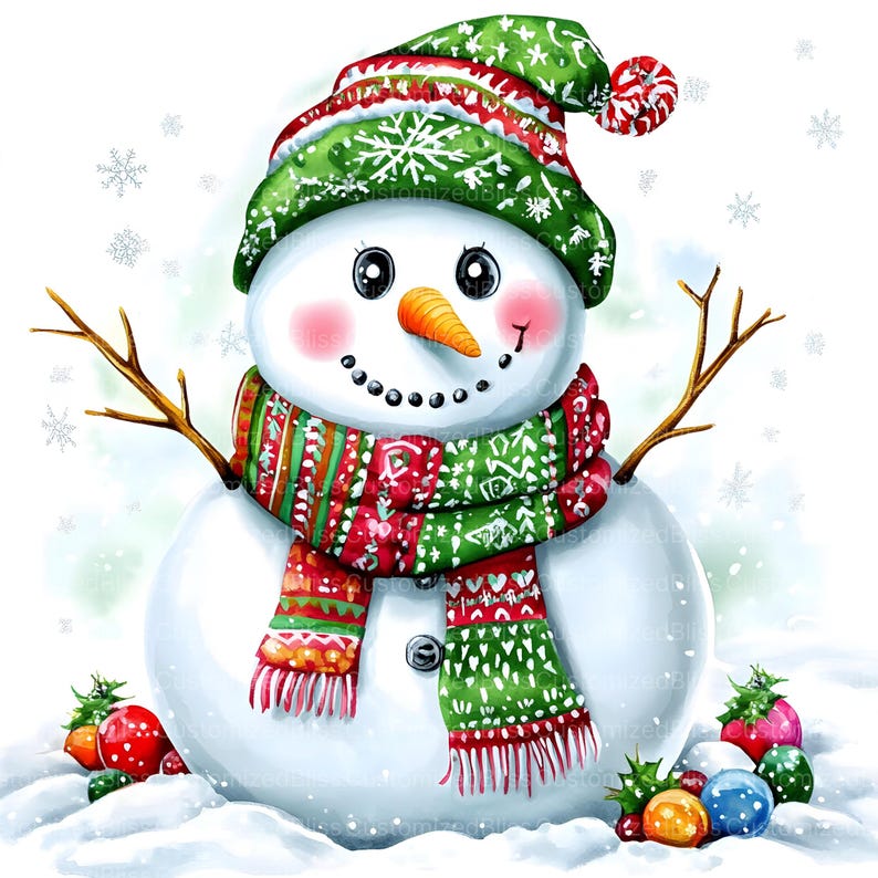 May include: A snowman wearing a green and red knitted hat and scarf with a carrot nose and black eyes. The snowman is standing in the snow with red and green ornaments around it.