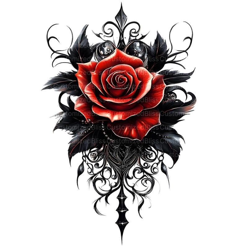 May include: A single red rose with a black and white intricate design behind it. The rose is in full bloom and has a dark red center. The design behind the rose is made up of swirls and vines.
