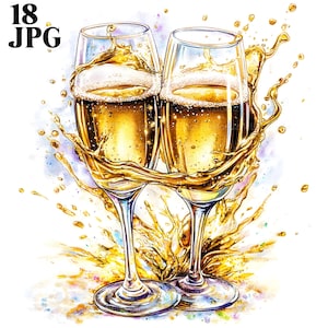 18 cliparts festifs de verres à Champagne, des cliparts Champagne, des cliparts célébration, des cliparts mariage, JPG de haute qualité, téléchargement numérique, artisanat