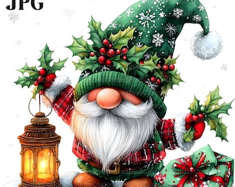 19 Christmas Gnomes Clipart, Watercolor Gnomes, Christmas Graphics, Enchanting Christmas, High Quality JPGs, Junk Journal, Paper Craft