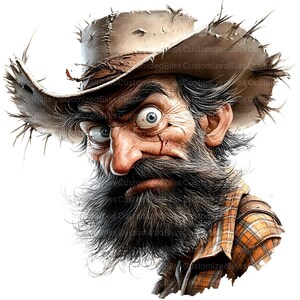 May include: A cartoon illustration of a man with a long, scraggly beard wearing a tattered brown cowboy hat and a plaid shirt. He has a serious expression on his face and one eye is wide open.
