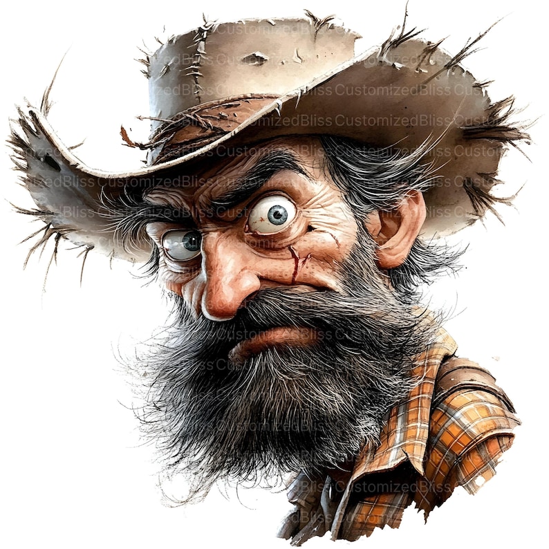 May include: A cartoon illustration of a man with a long, scraggly beard wearing a tattered brown cowboy hat and a plaid shirt. He has a serious expression on his face and one eye is wide open.