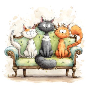 May include: A watercolour illustration depicts three cartoon cats on a vintage green sofa. The cats are white, grey, and orange, each with distinct expressions and fluffy fur. The sofa features ornate details and a light blue trim, set against a watercolour wash background.