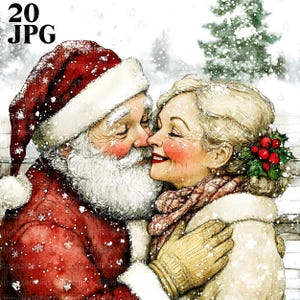 May include: Watercolor illustration of Santa Claus and a woman embracing in the snow. Santa wears a red suit and hat with white trim. The woman wears a cream-colored coat and a scarf. The image has the text "20 JPG".
