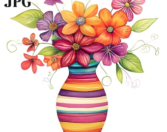20 Quirky Vase of Flowers Clipart, Whimsical Flower, High Quality JPGs, Watercolor Clipart, Junk Journal, Digital Download, Paper Craft