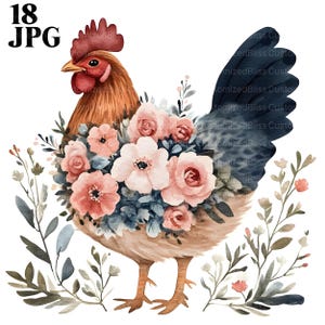 18 Floral Chicken Clipart, Watercolor Chicken, High Quality JPGs, Watercolor Clipart, Junk Journal, Digital Download, Paper Craft, Printable