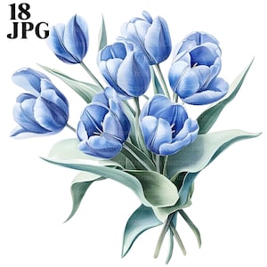 18 Blue Tulips Clipart, Bouquet of Tulips Images, High Quality JPG, Watercolor Clipart, Junk Journal, Digital Download, Paper Craft Clip Art
