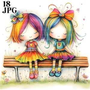 Eigenzinnige vriendschap clipart, 18 high-res aquarel jpgs junk journaling, scrapbooking, kaarten maken, digitale downloadkit, fantasie, grillig