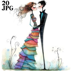 Clipart de casal romântico peculiar, 20 JPGs de aquarela de alta resolução, diário de lixo, criação de cartões de scrapbooking, download digital, fantasia, caprichoso