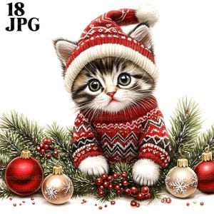 May include: A cute tabby kitten wearing a red and white knitted sweater and hat, surrounded by Christmas ornaments and pine branches.