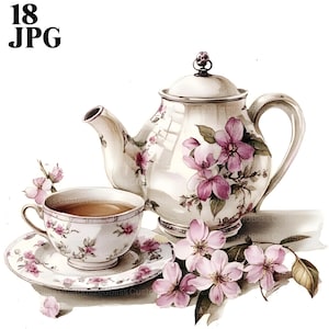 18 Clipart di set da tè, set da tè floreale, clipart di set da caffè, JPG di alta qualità, clipart di acquerelli, diario di scarto, download digitale, lavoretti di carta