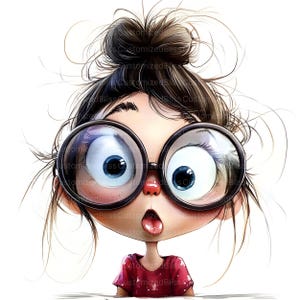 May include: A cartoon illustration of a girl with large, round glasses and wide blue eyes. Her dark hair is styled in a messy bun, and she's sticking her tongue out. She is wearing a red shirt. The image has the text "CustomizedBliss".