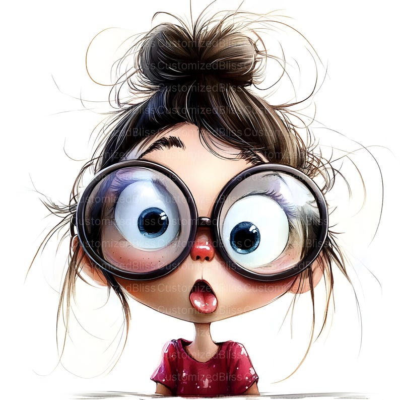 May include: A cartoon illustration of a girl with large, round glasses and wide blue eyes. Her dark hair is styled in a messy bun, and she's sticking her tongue out. She is wearing a red shirt. The image has the text "CustomizedBliss".