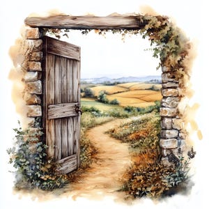 May include: A weathered wooden door opens to reveal a winding dirt path leading through a field of rolling hills. The path is lined with green grass and wildflowers, and the hills are a mix of green and brown.