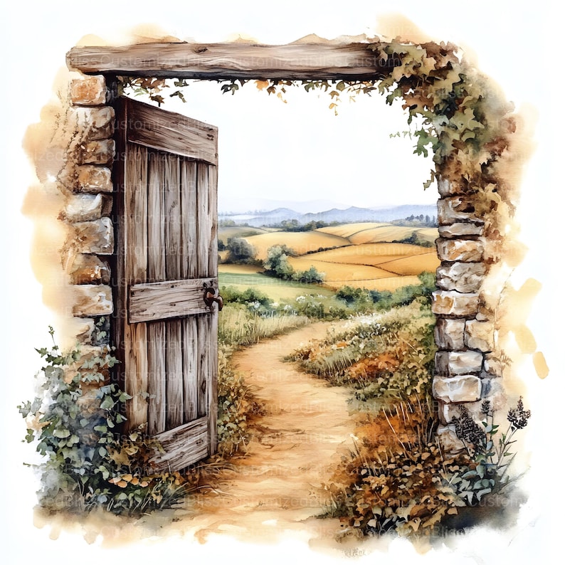 May include: A weathered wooden door opens to reveal a winding dirt path leading through a field of rolling hills. The path is lined with green grass and wildflowers, and the hills are a mix of green and brown.