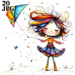 20 Quirky Kite Clip Art, 20 High Res Watercolor JPGs for Junk Journaling, Scrapbooking, Card Making, Digital Download, Fantasy, Whimsical