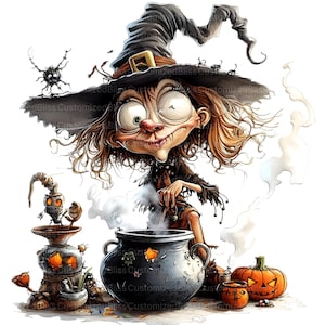 May include: A cartoon witch with a black hat and brown hair stirs a cauldron with a wooden spoon. The cauldron is steaming and there are pumpkins and other Halloween decorations around it.