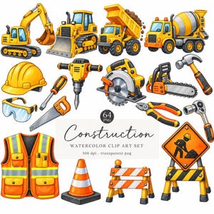 Könnte beinhalten: Eine Sammlung von Illustrationen zum Thema Bauwesen, darunter gelbe Baumaschinen wie Bagger, Planierraupe, Muldenkipper und Betonmischer sowie Werkzeuge, eine Warnweste, ein Schutzhelm und verschiedene Baustellenschilder.