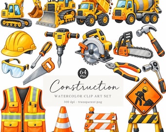 Watercolor Construction Clipart, Kids Construction PNG, Builder Clipart, Forklift Clipart, Excavator Png, Tool Clipart, Dump Truck Png
