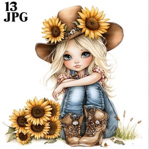 13 Cowgirl Clipart mit Sonnenblumen, süßes Western Mädchen, rustikale Country Artwork, Western Clipart, hochwertige JPGs, digitaler Download, Handwerk