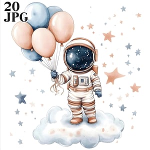 20 clipart de astronauta com balões, clipart de aniversário, JPGs de alta qualidade, clipart de aquarela, diário de lixo, download digital, artesanato em papel