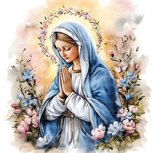 May include: A watercolor painting of the Virgin Mary in a blue robe with a crown of flowers above her head. She is praying with her hands clasped together. The background is a soft watercolor wash of pink and blue.