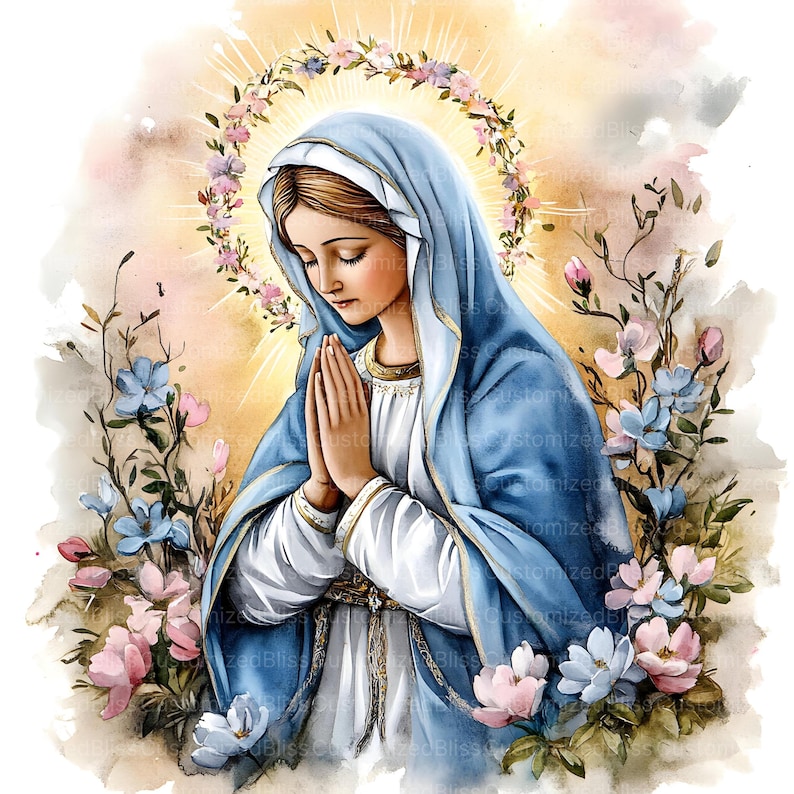 May include: A watercolor painting of the Virgin Mary in a blue robe with a crown of flowers above her head. She is praying with her hands clasped together. The background is a soft watercolor wash of pink and blue.