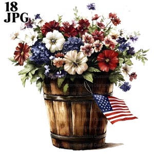 Fourth of July Flower Bucket Clipart, 18 High Quality Watercolor JPG ...