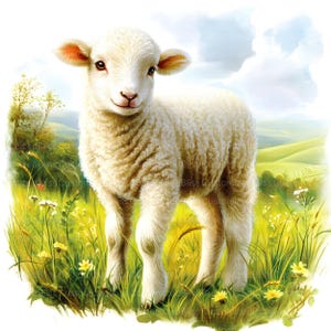 May include: A white lamb with a fluffy coat stands in a field of green grass and yellow wildflowers. The lamb has a sweet expression on its face and is looking directly at the viewer.