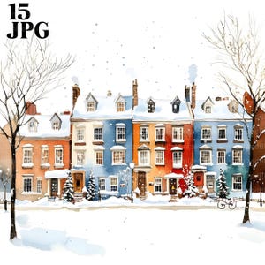 Bundle de cliparts maison en rangée dans la neige en hiver, 15 fichiers JPG de haute qualité, création artistique, fabrication de cartes, clipart, créations numériques sur papier, scrapbooking, maisons