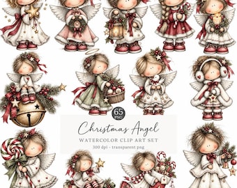 Whimsical Angel Clipart, Watercolor Angels PNG, Whimsical Christmas Clipart, Festive Angels Graphics, Christmas Graphics, Christmas PNG