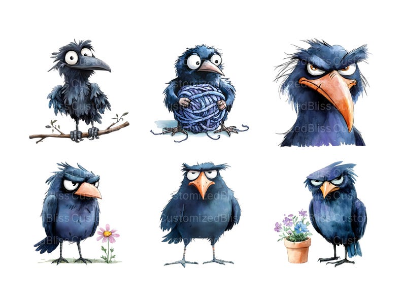 May include: Six cartoon crows with different expressions. The crows are blue-grey with black eyes and beaks. One crow is holding a ball of yarn, one is holding a flower, and one is looking angry.