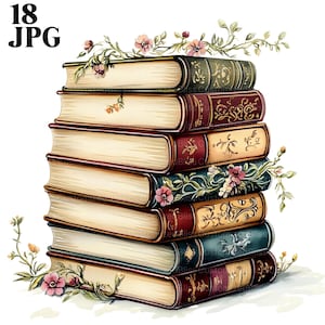 18 Vintage Books Clipart, Bookworm Clipart, Stack of Books, High Quality JPG, Watercolor Clipart, Junk Journal, Digital Download Paper Craft
