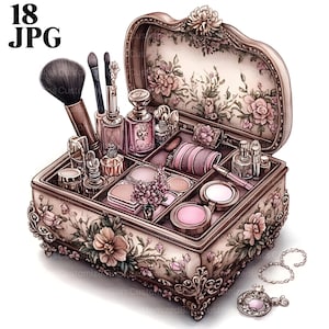 18 Vintage Make Up Box Clipart, Beautician Clipart, Cosmetics Clipart, Beauty Clipart, High Quality JPGs, Junk Journal, Digital Download