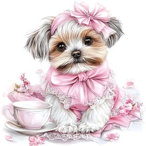May include: A small, white dog with brown fur around its eyes is wearing a pink dress with a lace trim and a pink bow. The dog is sitting on a white surface with pink flowers and a teacup and saucer.