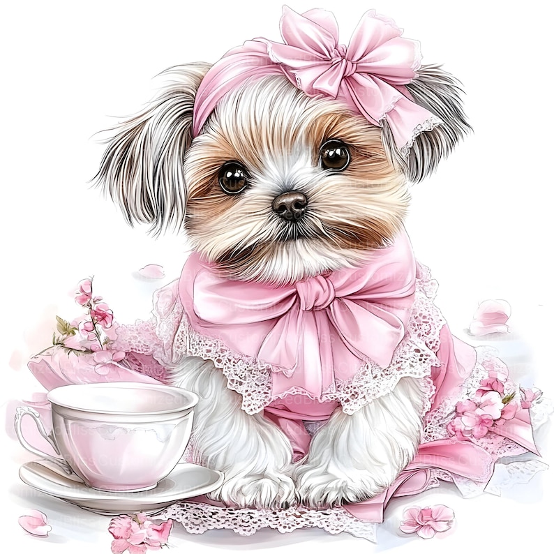 May include: A small, white dog with brown fur around its eyes is wearing a pink dress with a lace trim and a pink bow. The dog is sitting on a white surface with pink flowers and a teacup and saucer.