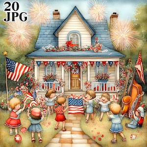 Clipart lunatique du 4 juillet, 20 fichiers JPG aquarelle haute résolution, journalisation indésirable, scrapbooking, fabrication de cartes, téléchargement numérique Fantasy, clipart USA