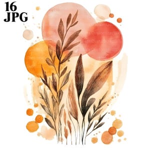 May include: Watercolour painting with botanical elements in brown, orange, and peach hues. The artwork includes stylized leaves and stems against an abstract background of shapes and splatters. The text "16 JPG" is in the upper left corner.
