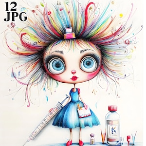 12 Quirky Nurse Clip Art, Needle Cliart, Nurse Clipart, Hospital Clipart, Medical Clipart, Whimsical Girl, Digital Download Junk Journal JPG
