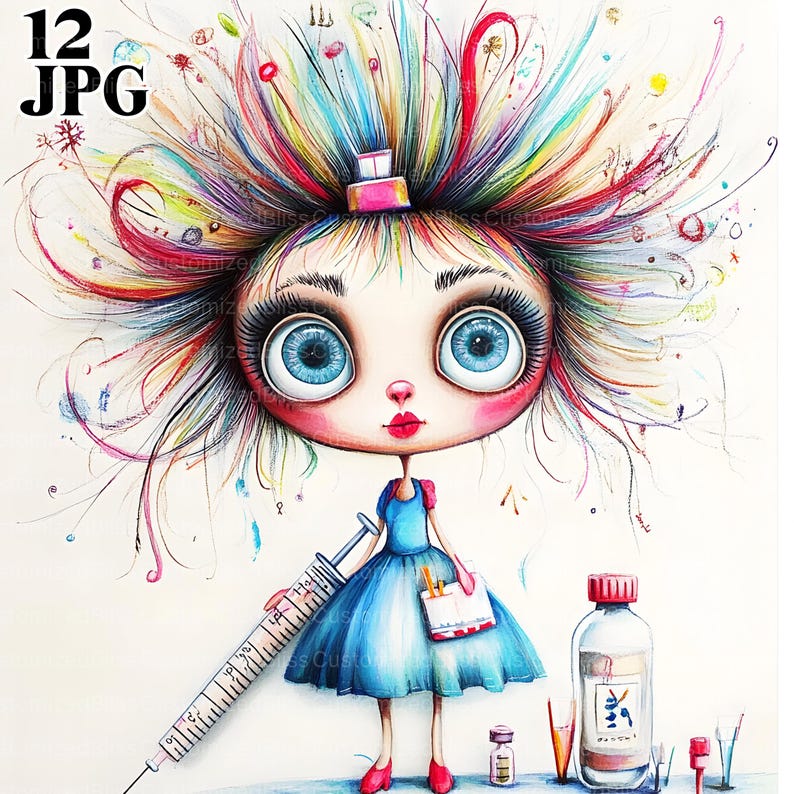 May include: A colorful illustration of a girl with large blue eyes and a syringe. She is wearing a blue dress and a red headband. The background is white with colorful splashes of paint.