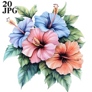 20 Exotic Flowers Clipart, Botanical Clipart, Flower Bouquet Clipart, High Quality JPGs, Watercolor Clipart, Junk Journal, Digital Download