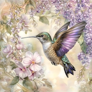 May include: A hummingbird with iridescent purple and green wings hovers near pink and purple flowers. The background is a soft watercolor wash of yellow and pink.