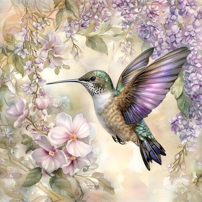 May include: A hummingbird with iridescent purple and green wings hovers near pink and purple flowers. The background is a soft watercolor wash of yellow and pink.