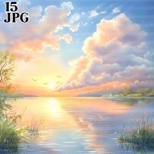 Clipart nuages pastel, 15 fichiers JPG aquarelle haute résolution pour la journalisation indésirable, scrapbooking, fabrication de cartes, téléchargement numérique, clipart lac, éphémère