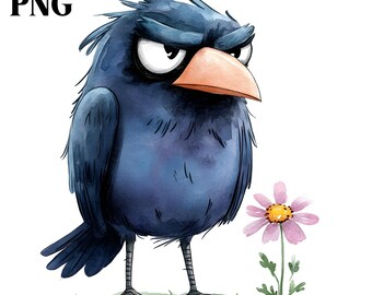 37 Crazy Raven Clip Art, Raven PNG, Funny Bird Clipart, Bird PNG, Digital Download, Watercolor Clipart, Commercial License, Flower Images