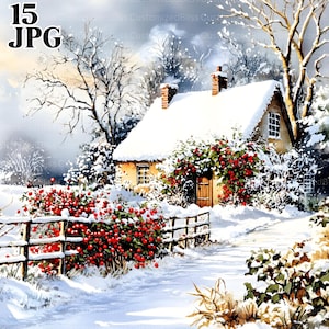 Bundle de cliparts clôture de jardin chalet enneigé, 15 fichiers JPG aquarelles de haute qualité, vacances d'hiver, journalisation, scrapbooking, téléchargement numérique baies