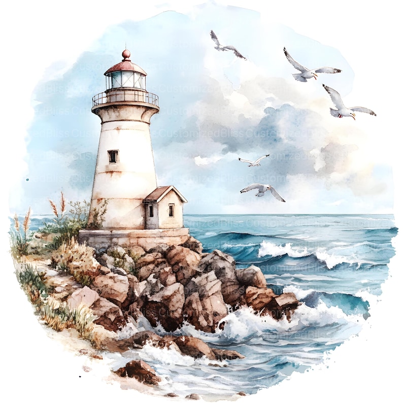 May include: A watercolor painting of a white lighthouse on a rocky coast with crashing waves.  The lighthouse has a red roof and a small window.  There are five seagulls flying in the sky above the lighthouse.