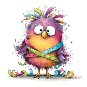Op de afbeelding: Een illustratie van een pluizige, veelkleurige vogel met een verloop van paarse, roze en oranje veren. De vogel heeft grote, wijd open ogen, een gele snavel en is omwikkeld met een lang, opgerold meetlint met markeringen in centimeters.